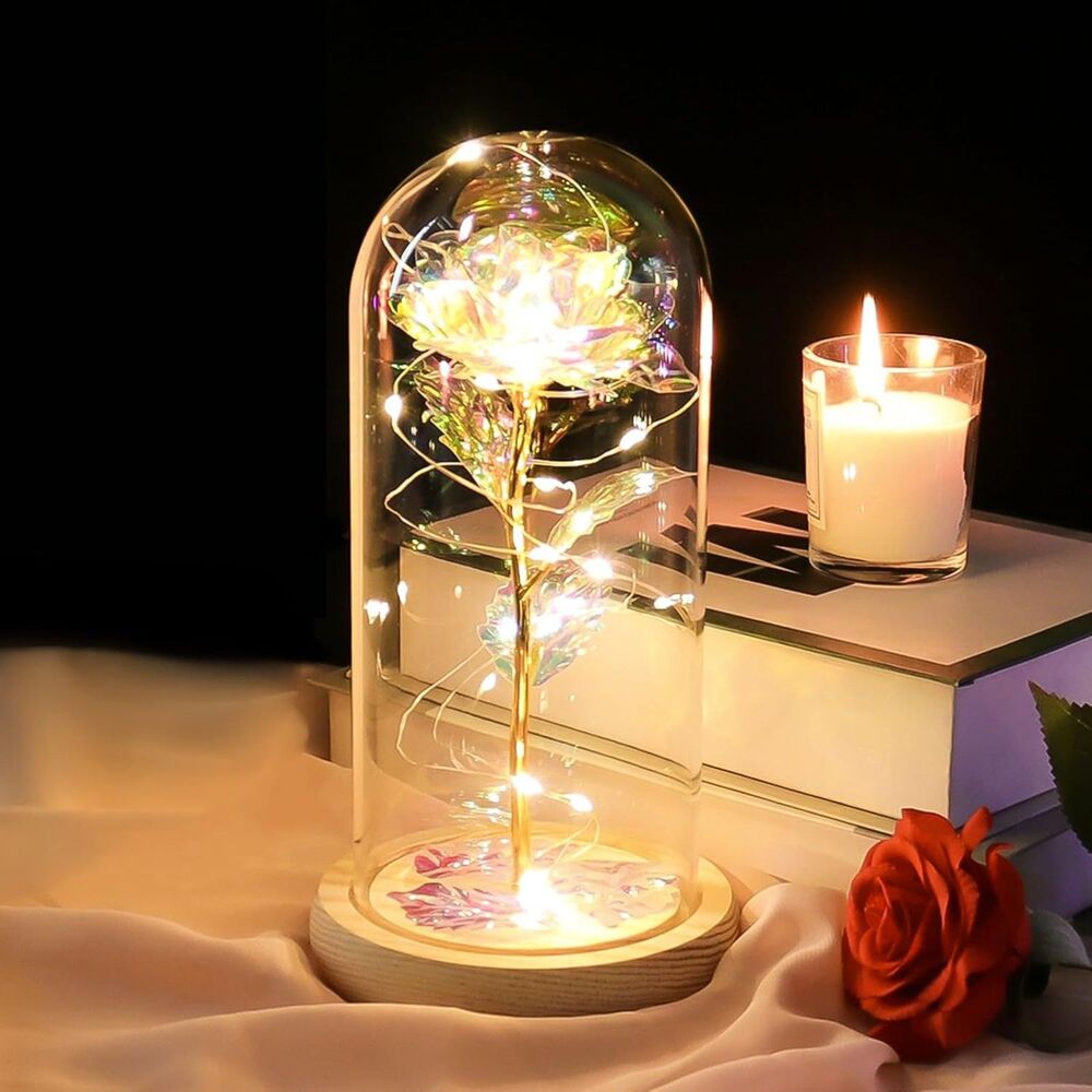 NIB from Germany - Gorgeous Rose with light in glass and wooden stand